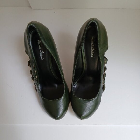 Y2K  Green Leather Multi Cut Out Buckle Accents Hidden Platform Stilettos Sz 7.5 - Picture 2 of 8